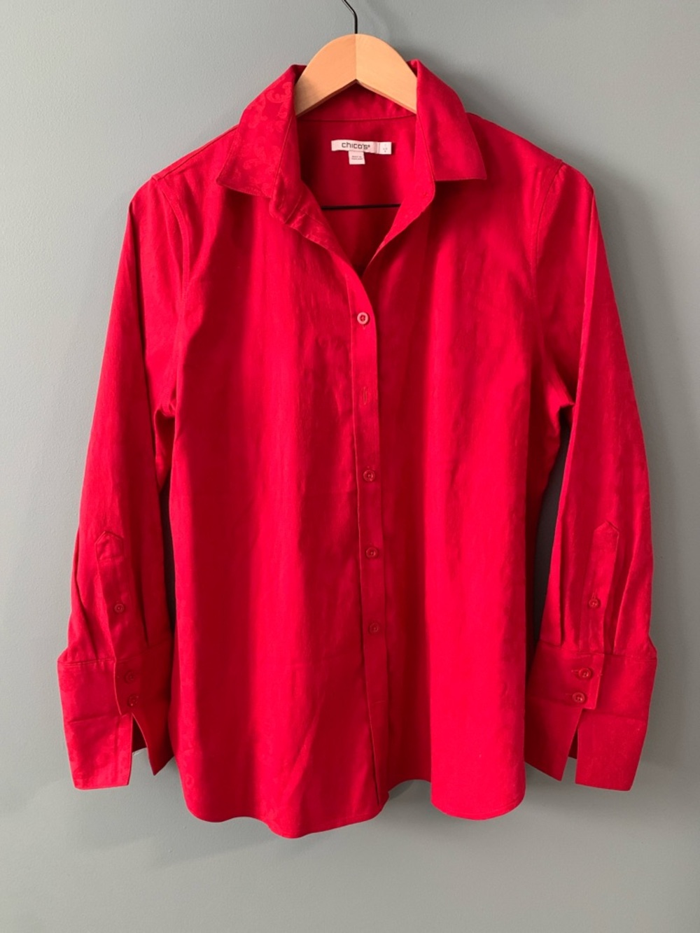 Chico's Vibrant Red Classic Button-Down Shirt with red on red floral design